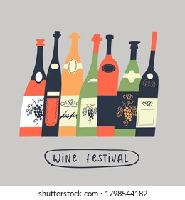 A set of different wine bottles. Vector illustration.