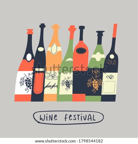 A set of different wine bottles. Vector illustration.