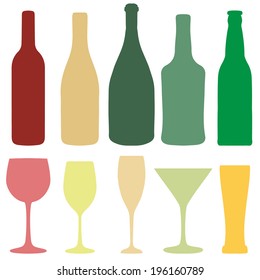 Variedad de botellas de vino, champán y cerveza y siluetas de gafas. Ilustración vectorial en colores pastel para su diseño