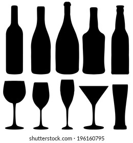 Set Of Different Wine, Champagne And Beer Bottles And Glasses Silhouettes. Vector Illustration For Your Design