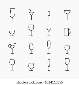 Set of different wine glasses for alcoholic drinks of thin lines, isolated on white background, vector illustration.