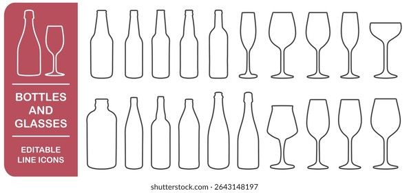 Set of different wine glasses and beer bottles icon symbols. Editable stroke line icons collection. Vector illustration image. Wine glass and bottles silhouette shape sign. Isolated on white 