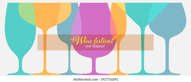 Set of different wine glasses for festival. Outline colored wine glasses. Banner with contour of glasses. Silhouettes in overprint style. Vector template