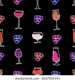  Set of different wine glasses and grapes. Seamless pattern.  Bar or restaurant wine list. Hand drawn vector design. 