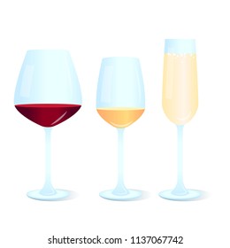 Set of different wine glasses icons: for red, white and champagne. 