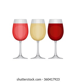 Set of different wine glasses, red, pink and white. Types of win
