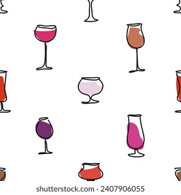  Set of different wine glasses. Seamless pattern.  Bar or restaurant wine list. Hand drawn vector design. 
