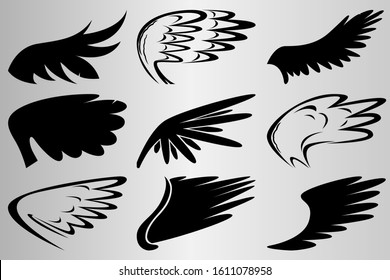 Set of different wings, angels and birds. The silhouette of the wings. Drawing for tattoo. Vector illustration.