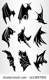 Set of different wings, demons and bats . The silhouette of the wings. Drawing for tattoo. Vector illustration.