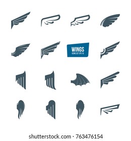 Set of different wings logo set. Logotype, design elements, icons wing flying, emblems feather wing bird and angel. Vector illustration editable stroke.