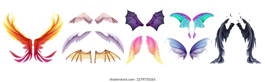 Set of Different wings. Pairs of wings of animals and insects or fabulous magical characters. Bat, angel, phoenix, butterfly and fairy wings. Cartoon Realistic vector collection isolated on white