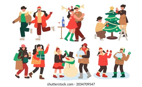 Set of different winter activities, including ice skating, dancing, decorating Christmas tree, shopping, making a snowman, playing snow ball fight.