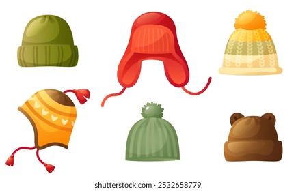 Set of different winter autumn hats. Modern wool knitted hats. Colored and patterned hats. Fashionable hat, warm clothes for cold weather. Ushanka hat, beanie, hat with pompom, with ears.