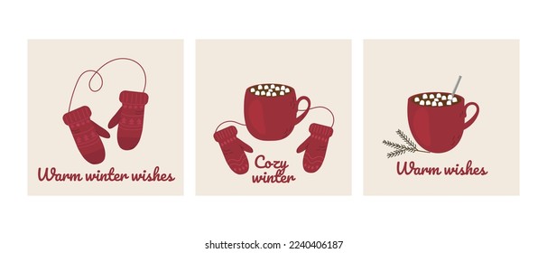 Set of different winter cards, background. Christmas and New 2023 Year celebration preparation. Flat vector, cartoon