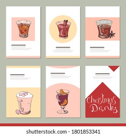 Set with different winter christmas templates with drinks. Cards for your festive design and new year advertisement 