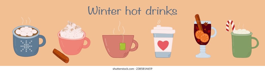 Set with different winter hot drinks, hot chocolate, coffee, tea, mulled wine, cocoa, vector