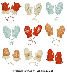 Set of different winter mittens. Isolated vector element on a white background for children s books, postcards, banners, educational illustrations.