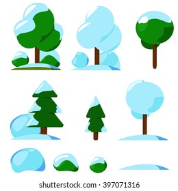 Set of different winter (snow) cartoon flora in flat design, bushes, trees. Video Game