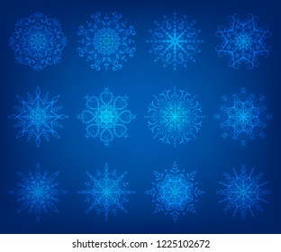 Set of different winter snowflakes with glowing effect, vector illustration, material for your design 