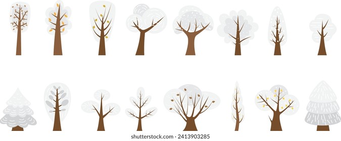 Un conjunto de diferentes árboles de invierno y arbustos de colores invernales que transmiten un ambiente de invierno.
