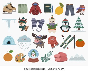  Set of different winter vector elements on a white background including ice skates, jacket, pillow, scarf, penguin, reindeer, snow globe and many more . . .