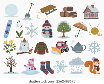 Set of different winter vector elements on a white background including snowmen, snowplow, umbrella, snowflakes, snowy owl and many more . . .	