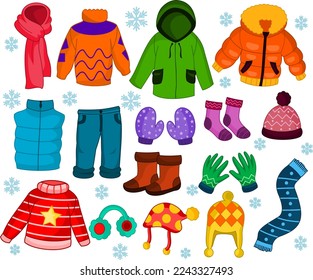 Set of different winter and warm clothes for kids.