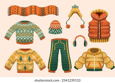 Conjunto de diferentes prendas de invierno y abrigo
