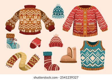 Set of different winter and warm clothes