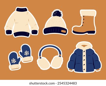 Set of different winter and warm clothes. Sweater, hat, boot, mittens, fur headphones, down jacket. Design for stickers. Flat graphic vector illustrations isolated from background.