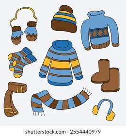 Set of different winter and warm clothes