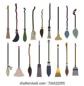 Set of different witch brooms colorful on halloween