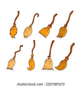 Set of different witch brooms. Halloween elements. Trick or treat concept. Vector illustration in hand drawn style
