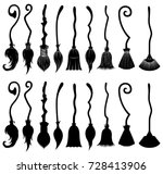 Set of different witch brooms isolated on white