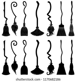 Set of different witch brooms isolated on white