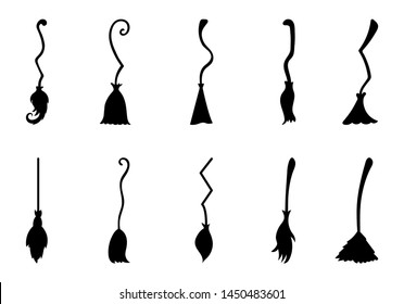 Set of different witch brooms isolated on white background. Halloween decorative elements. Vector illustration for any design.