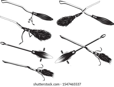 Set of different witch brooms isolated on white