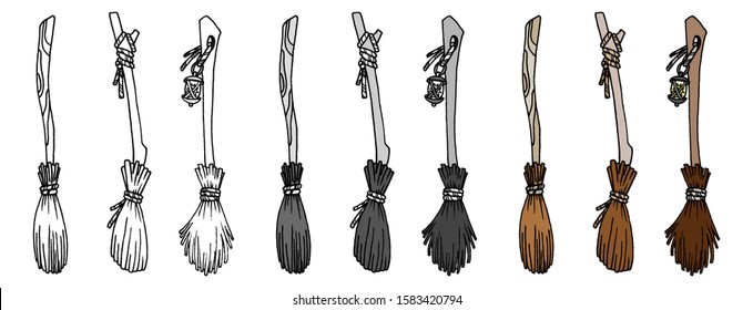 Set of different witch brooms isolated on white. Brooms, different color options. Black line. Hand drawing. Stock illustration. 