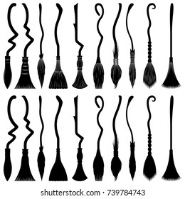 Set of different witch brooms isolated on white