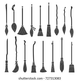 Set of different witch brooms on halloween