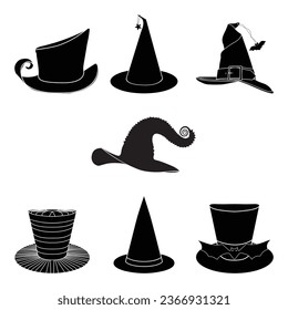 Set of different witch hat silhouettes isolated on white background