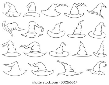 Set of different witch hats isolated on white