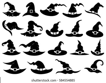 Set of different witch hats isolated on white