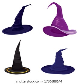 Set of different witch hats. Symbols of Halloween in cartoon style.