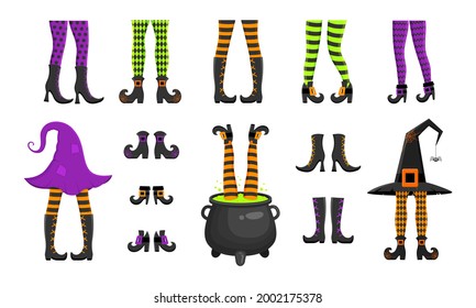  Set of different witch legs in stockings and boots, sticking up from hat and cauldron. Funny design elements for Halloween party, greeting or invitation card or flyer. Vector cartoon illustration.