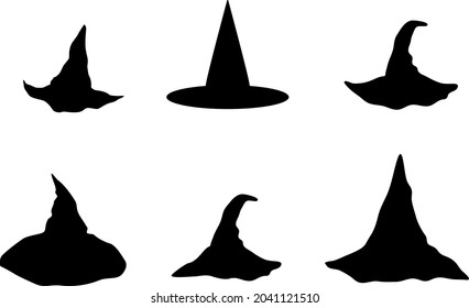 Set of different witch-hats silhouettes. Isolated. Vector