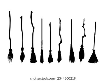 Set of different witch's brooms silhouette on white