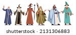 Set of Different Wizards Male Characters Wear Long Robe, Cloak and Hat with Wand or Magic Staff Isolated on White Background. Fairy Tale Sorcerer Personages. Cartoon People Vector Illustration