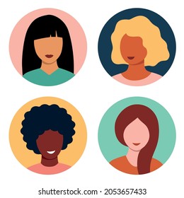 Set of different woman avatars. Smiling young women of different nationalities - black, asian, white. Female characters faces. Set of colorful user portraits. Flat style vector round icons. Isolated.
