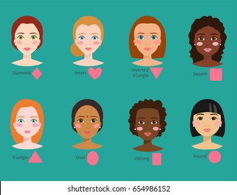Set of different woman face types vector illustration character shapes girl makeup beautiful female